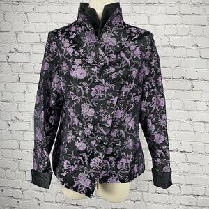 Asian Trend Black Purple Silk Chinese Cheongsam Long Sleeve Shirt Size Medium M